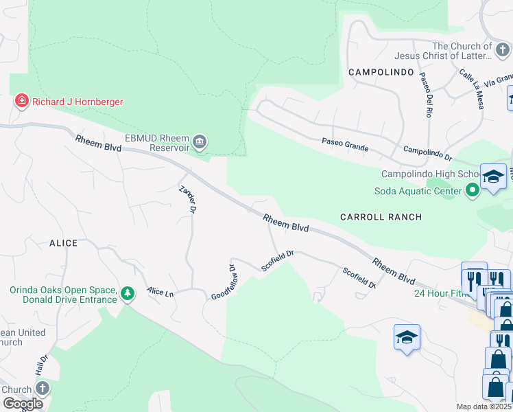 map of restaurants, bars, coffee shops, grocery stores, and more near 225 Rheem Boulevard in Moraga