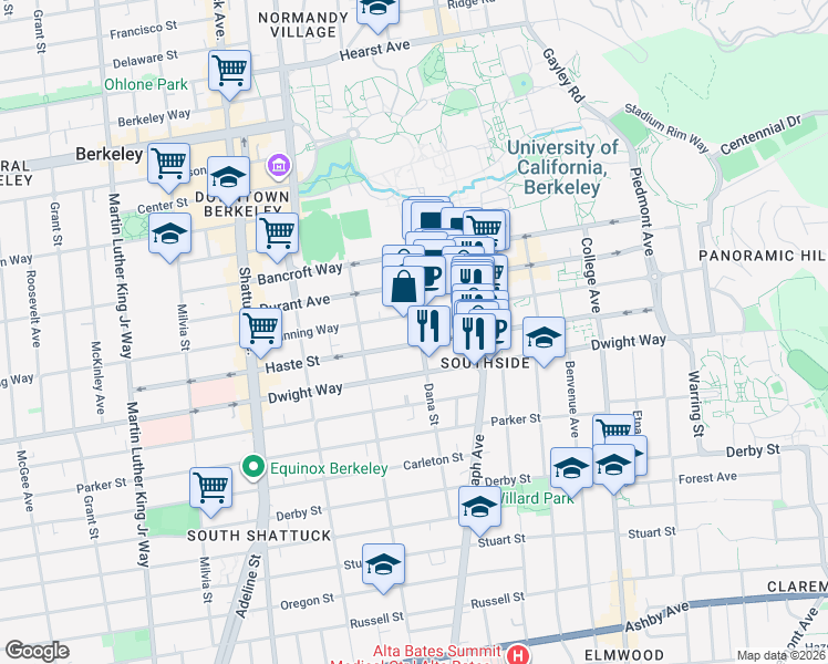 map of restaurants, bars, coffee shops, grocery stores, and more near 2410 Dana Street in Berkeley