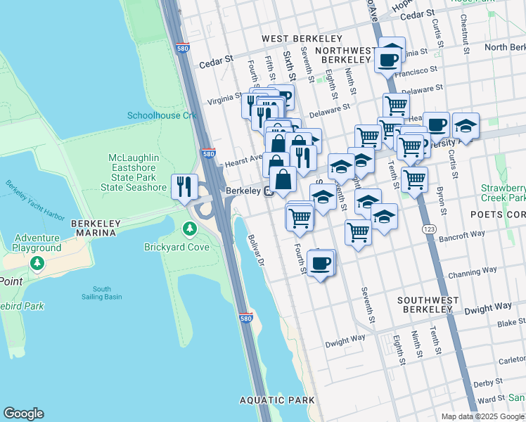 map of restaurants, bars, coffee shops, grocery stores, and more near 651 Addison Street in Berkeley