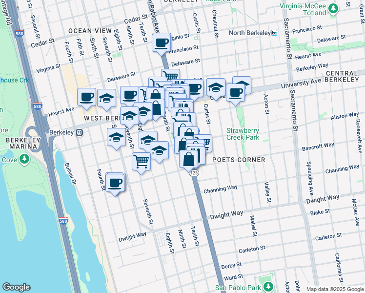 map of restaurants, bars, coffee shops, grocery stores, and more near 1036 Allston Way in Berkeley