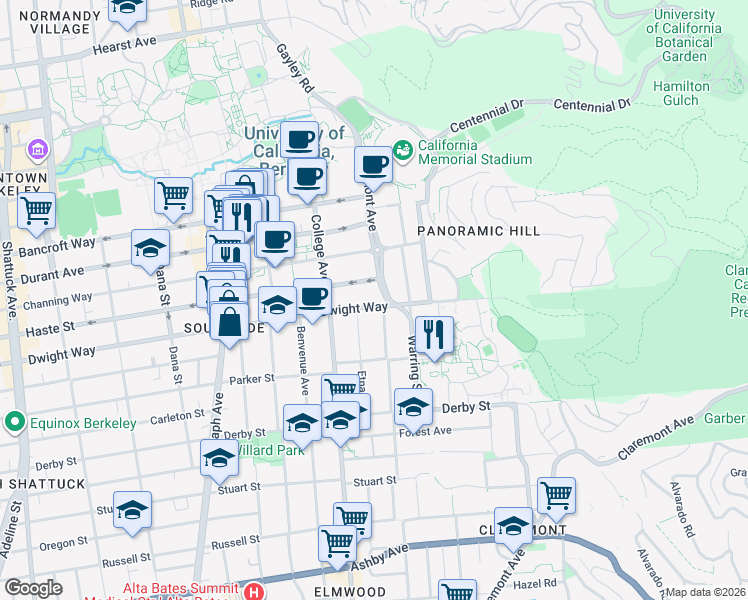 map of restaurants, bars, coffee shops, grocery stores, and more near 2741 Dwight Way in Berkeley