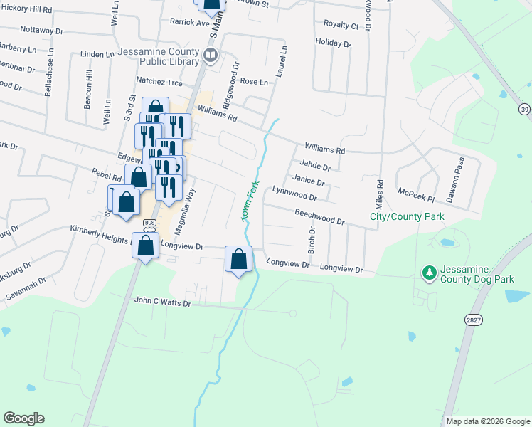 map of restaurants, bars, coffee shops, grocery stores, and more near 105 Beechwood Drive in Nicholasville