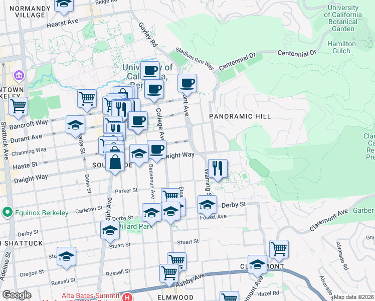 map of restaurants, bars, coffee shops, grocery stores, and more near 2741 Dwight Way in Berkeley