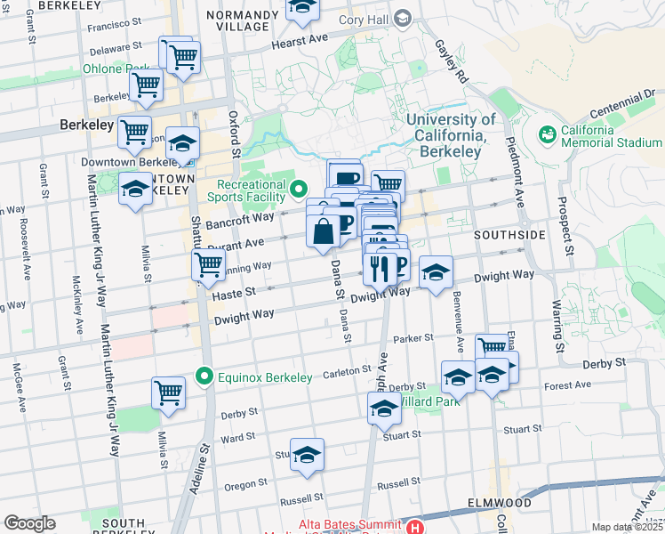 map of restaurants, bars, coffee shops, grocery stores, and more near 2407 Dana Street in Berkeley