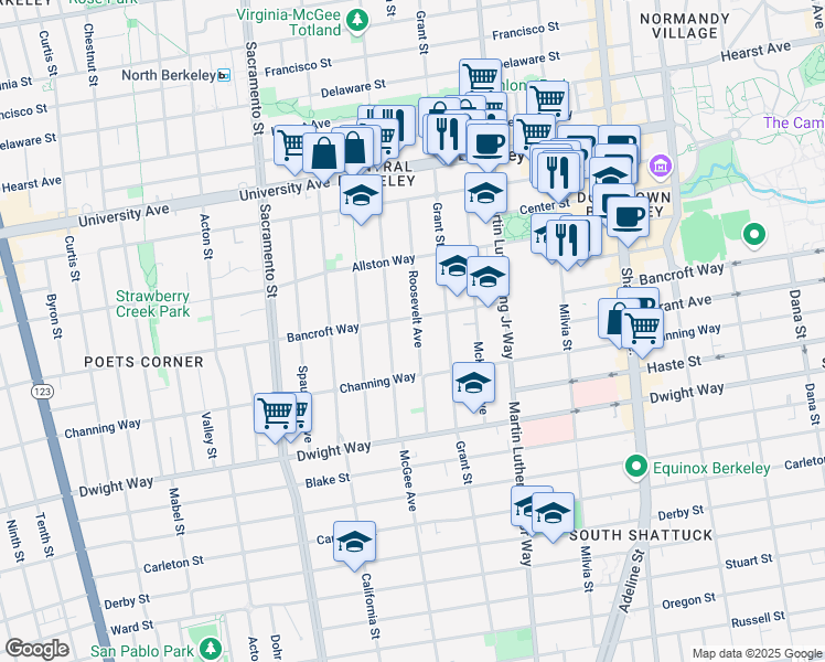 map of restaurants, bars, coffee shops, grocery stores, and more near 2313 Roosevelt Avenue in Berkeley