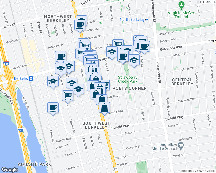 map of restaurants, bars, coffee shops, grocery stores, and more near 2210 Curtis Street in Berkeley