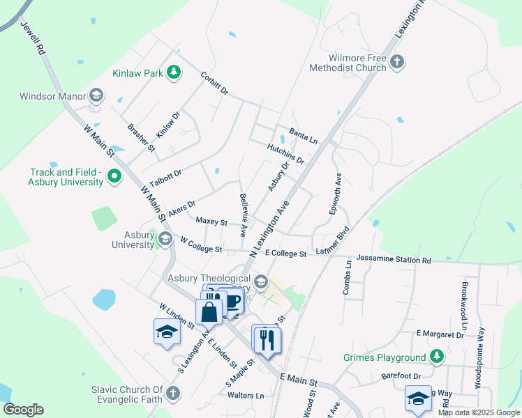 map of restaurants, bars, coffee shops, grocery stores, and more near 104 Asbury Drive in Wilmore