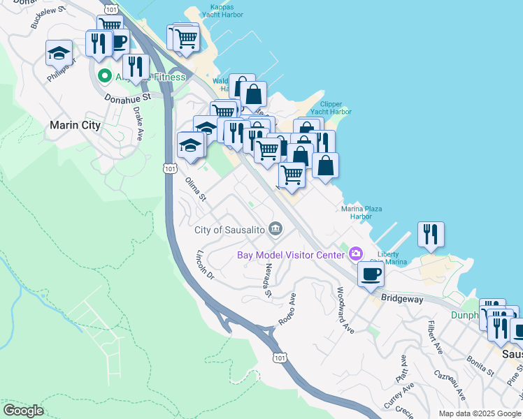 map of restaurants, bars, coffee shops, grocery stores, and more near 18 West Harbor Drive in Sausalito