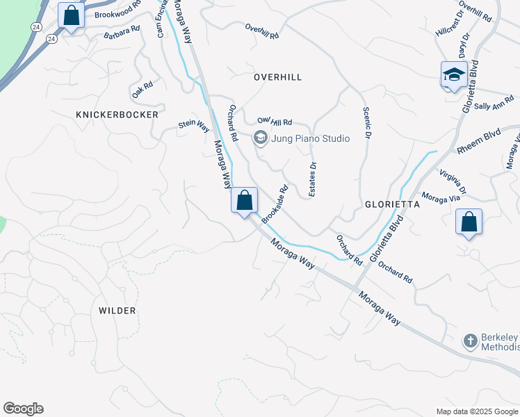 map of restaurants, bars, coffee shops, grocery stores, and more near 53 Brookside Road in Orinda