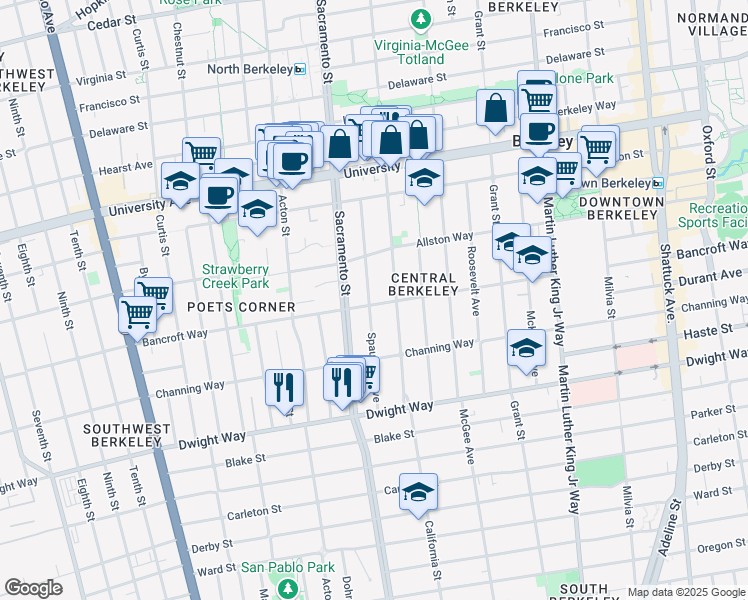 map of restaurants, bars, coffee shops, grocery stores, and more near 2249 Spaulding Avenue in Berkeley