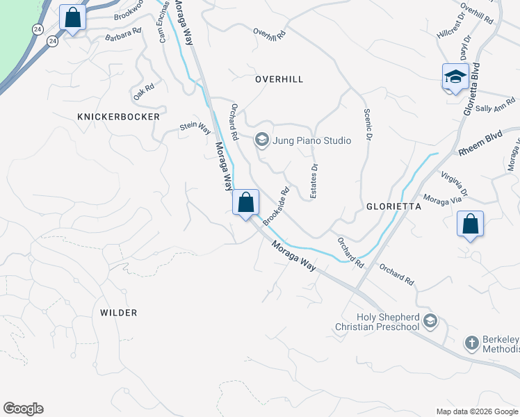 map of restaurants, bars, coffee shops, grocery stores, and more near 53 Brookside Road in Orinda