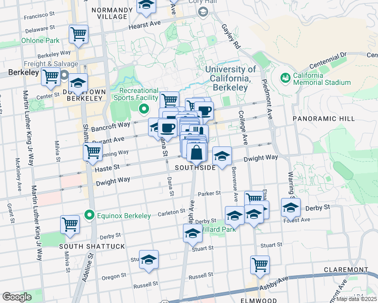 map of restaurants, bars, coffee shops, grocery stores, and more near 2440 Haste Street in Berkeley