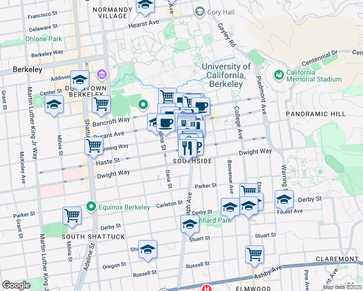 map of restaurants, bars, coffee shops, grocery stores, and more near 2440 Haste Street in Berkeley