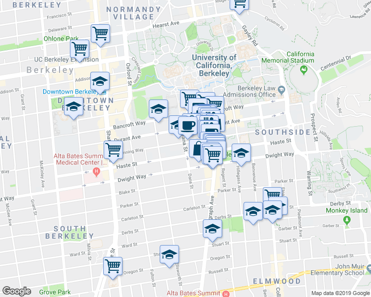 map of restaurants, bars, coffee shops, grocery stores, and more near 2407 Dana Street in Berkeley