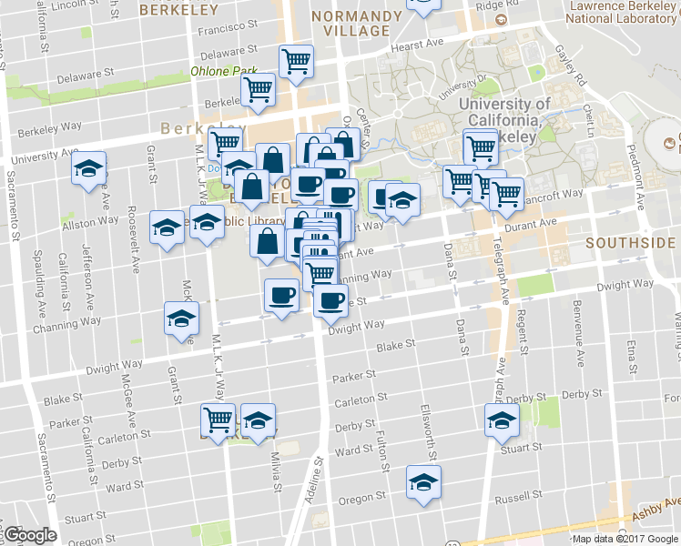 map of restaurants, bars, coffee shops, grocery stores, and more near 2121 Channing Way in Berkeley