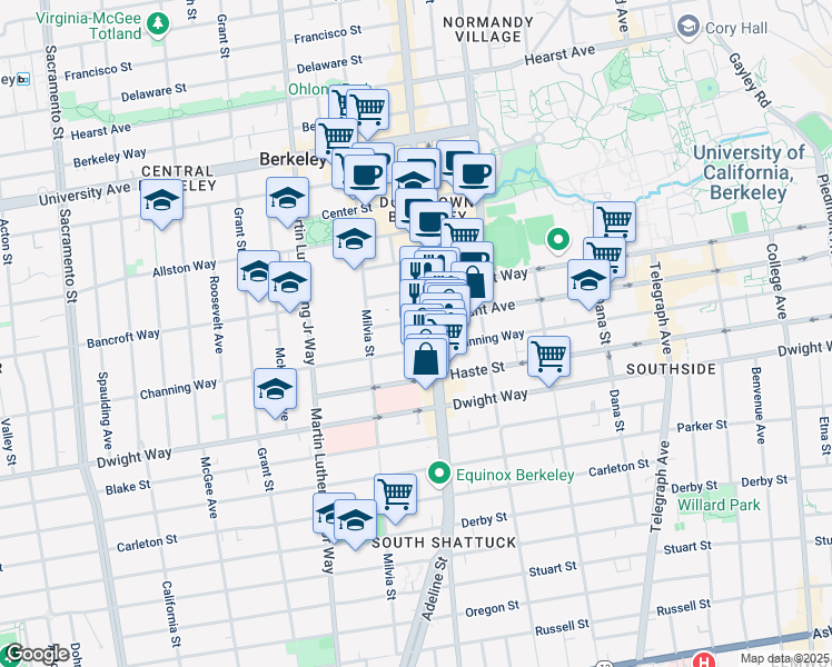 map of restaurants, bars, coffee shops, grocery stores, and more near 2378 Shattuck Avenue in Berkeley