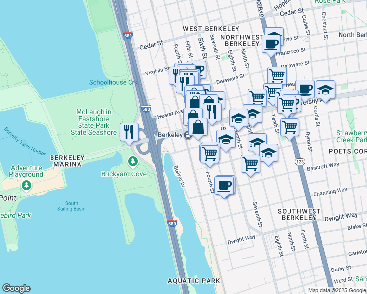 map of restaurants, bars, coffee shops, grocery stores, and more near 649 Addison Street in Berkeley