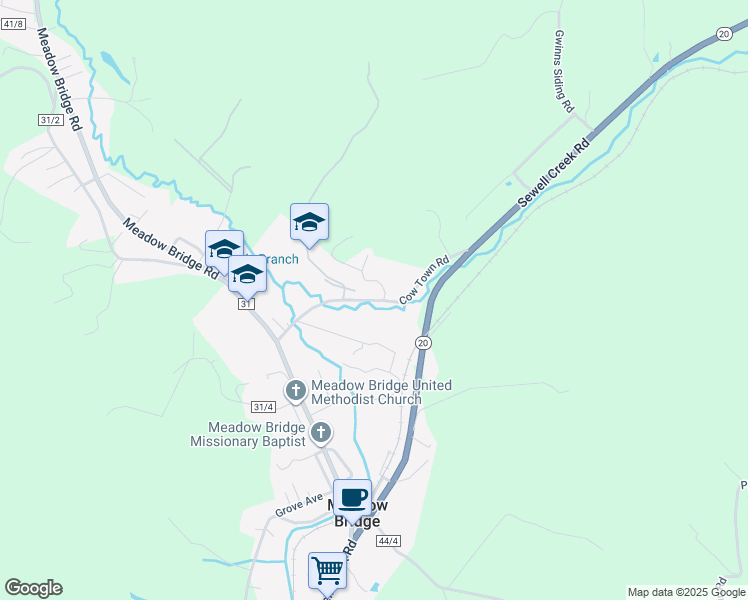 map of restaurants, bars, coffee shops, grocery stores, and more near Laurel Branch Rd in Meadow Bridge