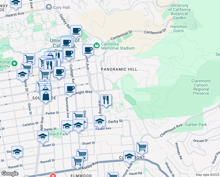 map of restaurants, bars, coffee shops, grocery stores, and more near 2450 Hillside Avenue in Berkeley