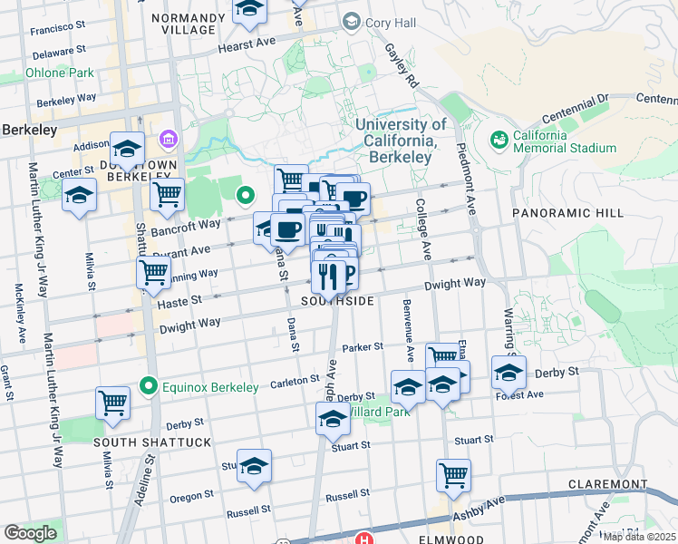 map of restaurants, bars, coffee shops, grocery stores, and more near 2440 Haste Street in Berkeley