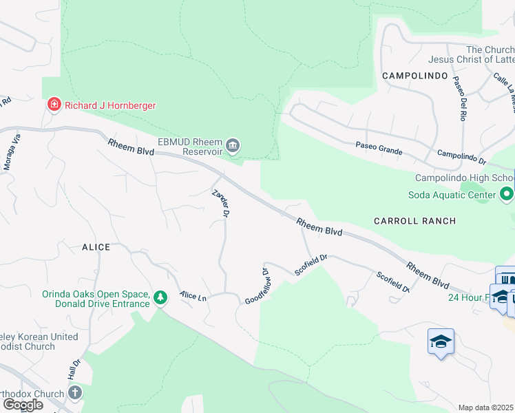 map of restaurants, bars, coffee shops, grocery stores, and more near 216 Rheem Boulevard in Orinda