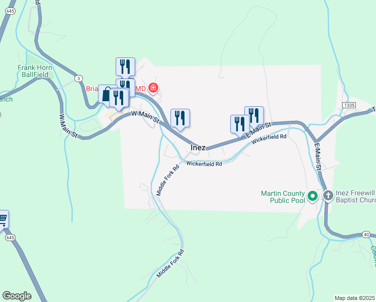 map of restaurants, bars, coffee shops, grocery stores, and more near 38 Middle Fork Road in Inez