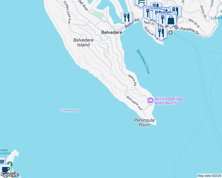 map of restaurants, bars, coffee shops, grocery stores, and more near 46 Cliff Road in Belvedere