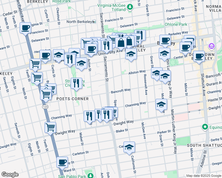 map of restaurants, bars, coffee shops, grocery stores, and more near 2235 Sacramento Street in Berkeley