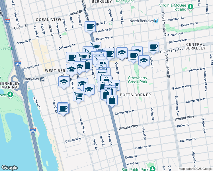 map of restaurants, bars, coffee shops, grocery stores, and more near 2211 San Pablo Avenue in Berkeley