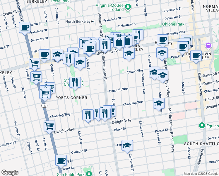 map of restaurants, bars, coffee shops, grocery stores, and more near 2235 Sacramento Street in Berkeley