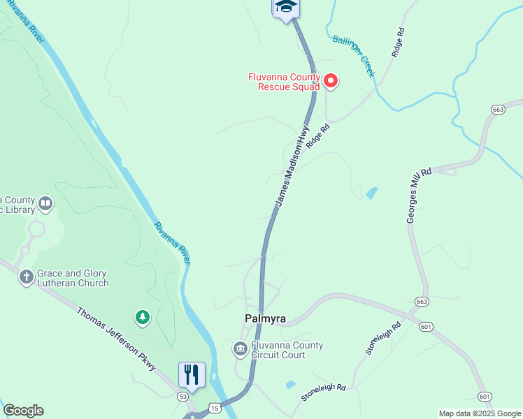 map of restaurants, bars, coffee shops, grocery stores, and more near 13903 James Madison Highway in Palmyra