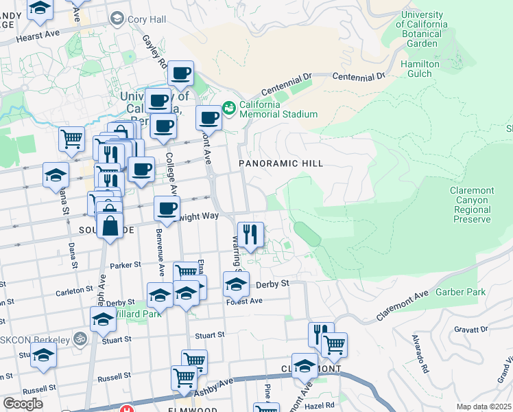 map of restaurants, bars, coffee shops, grocery stores, and more near 2450 Hillside Avenue in Berkeley