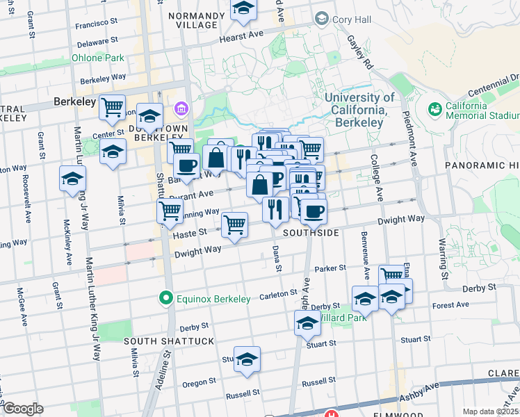 map of restaurants, bars, coffee shops, grocery stores, and more near 2328 Channing Way in Berkeley