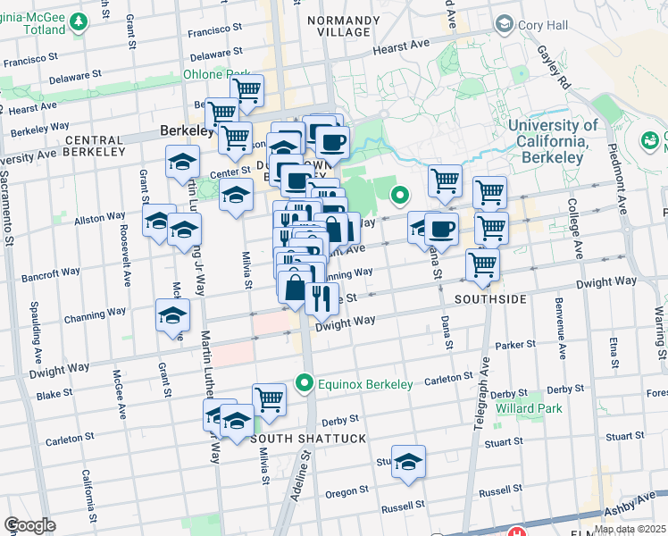 map of restaurants, bars, coffee shops, grocery stores, and more near 2121 Channing Way in Berkeley