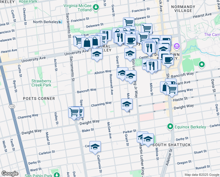 map of restaurants, bars, coffee shops, grocery stores, and more near 2313 Roosevelt Avenue in Berkeley