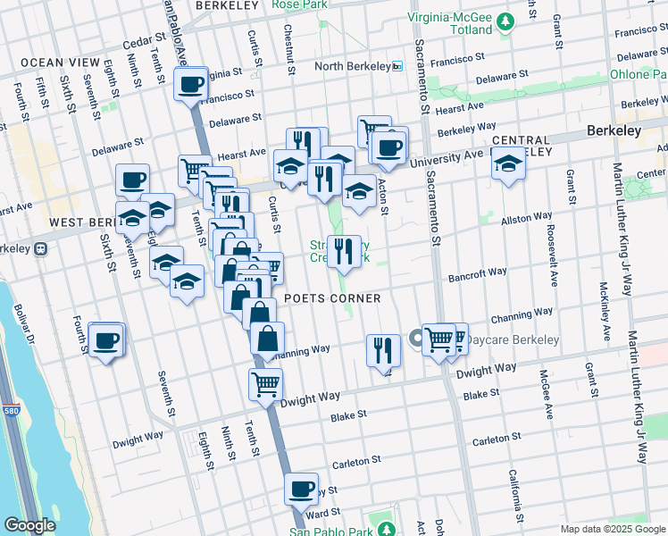 map of restaurants, bars, coffee shops, grocery stores, and more near 1307-1315 Bancroft Way in Berkeley