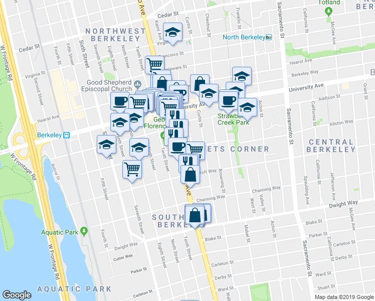 map of restaurants, bars, coffee shops, grocery stores, and more near 2211 San Pablo Avenue in Berkeley