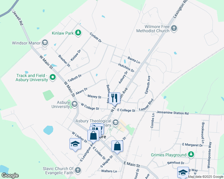 map of restaurants, bars, coffee shops, grocery stores, and more near 104 Asbury Drive in Wilmore