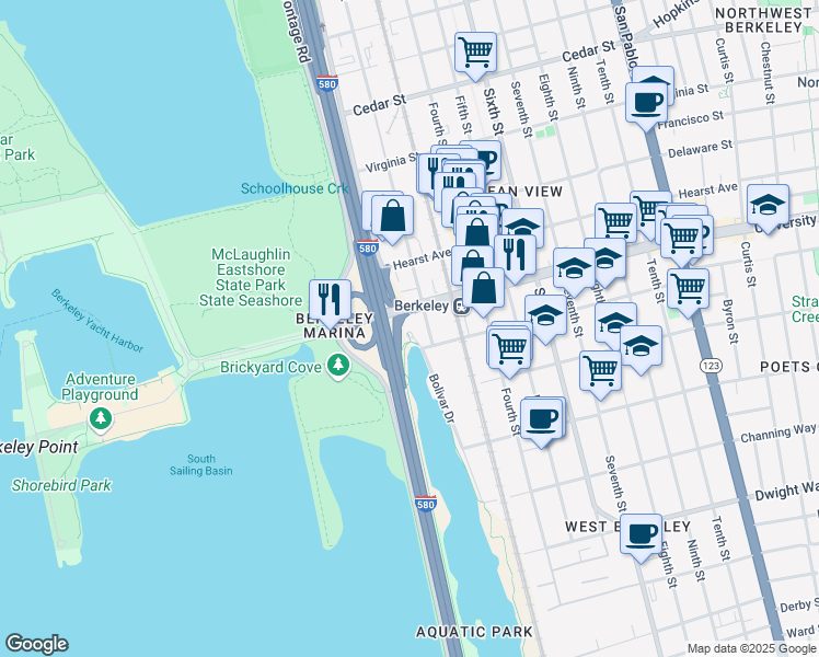 map of restaurants, bars, coffee shops, grocery stores, and more near 1 Bolivar Drive in Berkeley