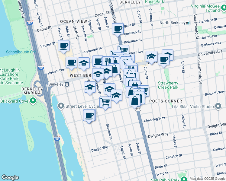 map of restaurants, bars, coffee shops, grocery stores, and more near 2124 9th Street in Berkeley
