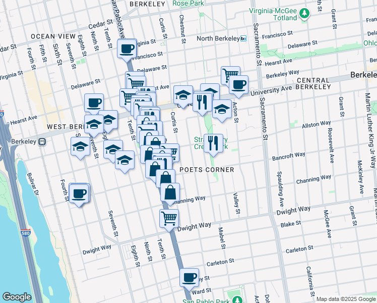 map of restaurants, bars, coffee shops, grocery stores, and more near 2210 Browning Street in Berkeley