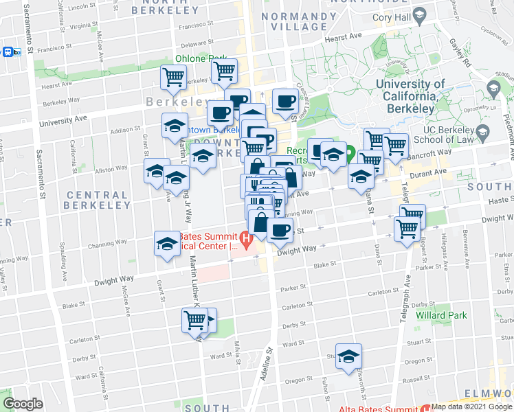 map of restaurants, bars, coffee shops, grocery stores, and more near 2352 Shattuck Avenue in Berkeley