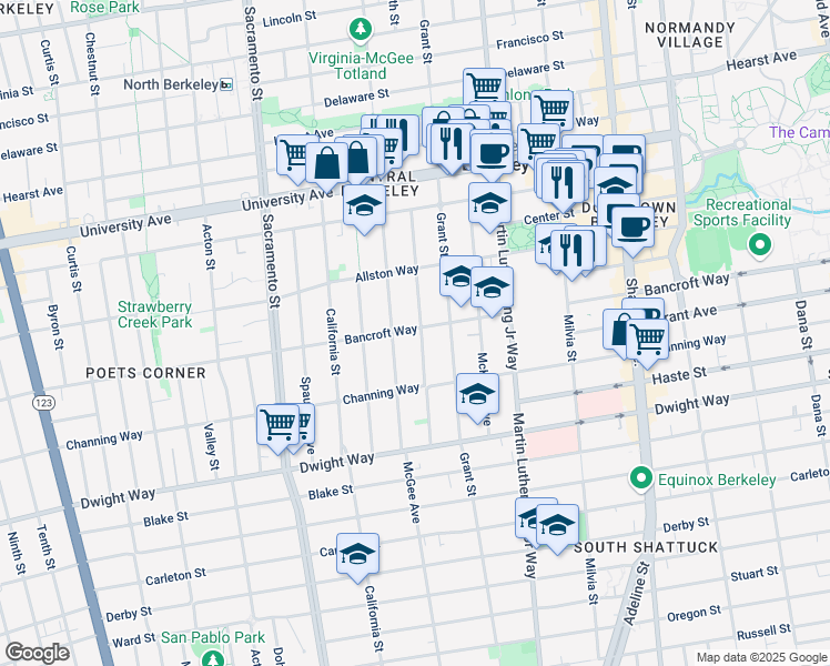 map of restaurants, bars, coffee shops, grocery stores, and more near 1718 Bancroft Way in Berkeley