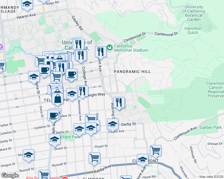 map of restaurants, bars, coffee shops, grocery stores, and more near 2461 Warring Street in Berkeley