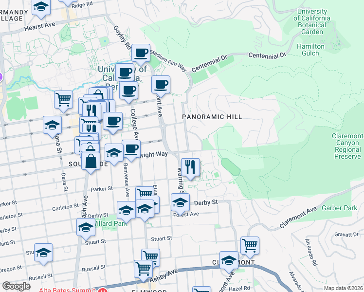map of restaurants, bars, coffee shops, grocery stores, and more near 2461 Warring Street in Berkeley