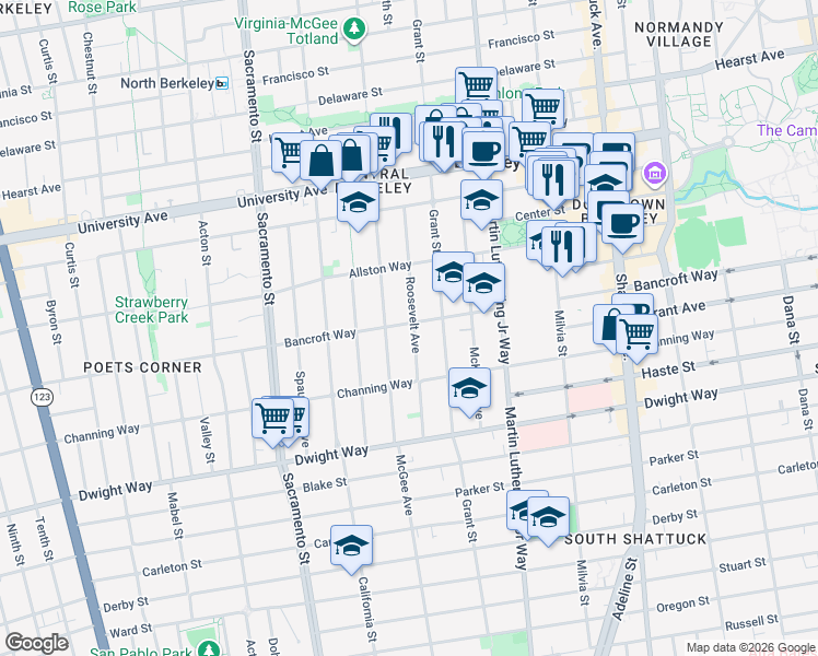 map of restaurants, bars, coffee shops, grocery stores, and more near 1720 Bancroft Way in Berkeley