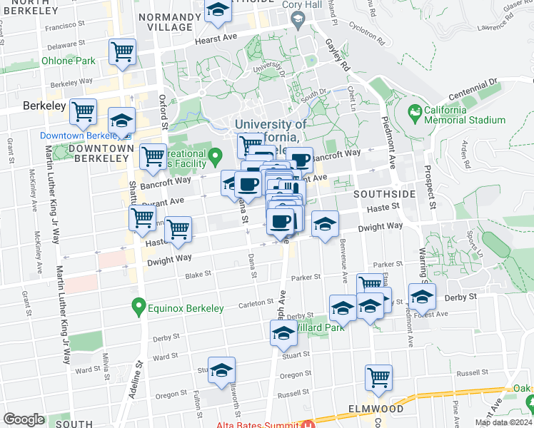 map of restaurants, bars, coffee shops, grocery stores, and more near 2440 Haste Street in Berkeley