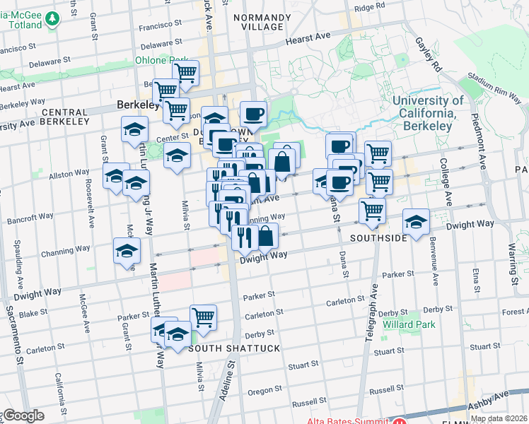 map of restaurants, bars, coffee shops, grocery stores, and more near 2210 Channing Way in Berkeley