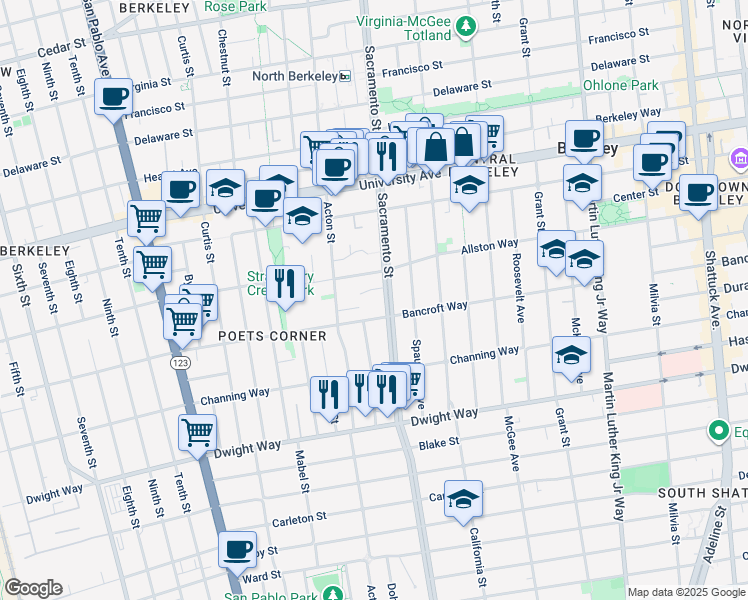 map of restaurants, bars, coffee shops, grocery stores, and more near in Berkeley