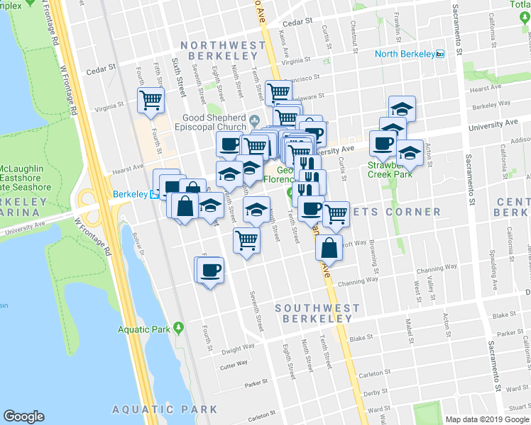 map of restaurants, bars, coffee shops, grocery stores, and more near 2135 Ninth Street in Berkeley